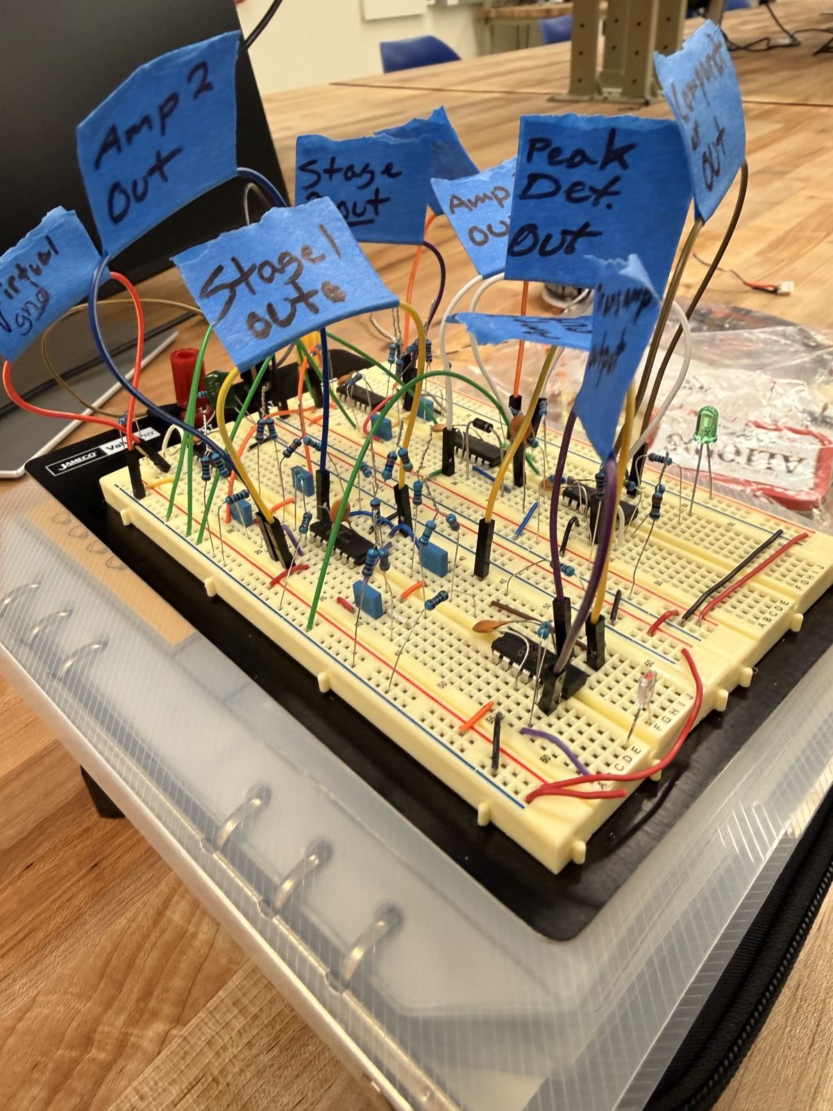 Breadboard prototype of multi stage active filter circuit with labeled test points