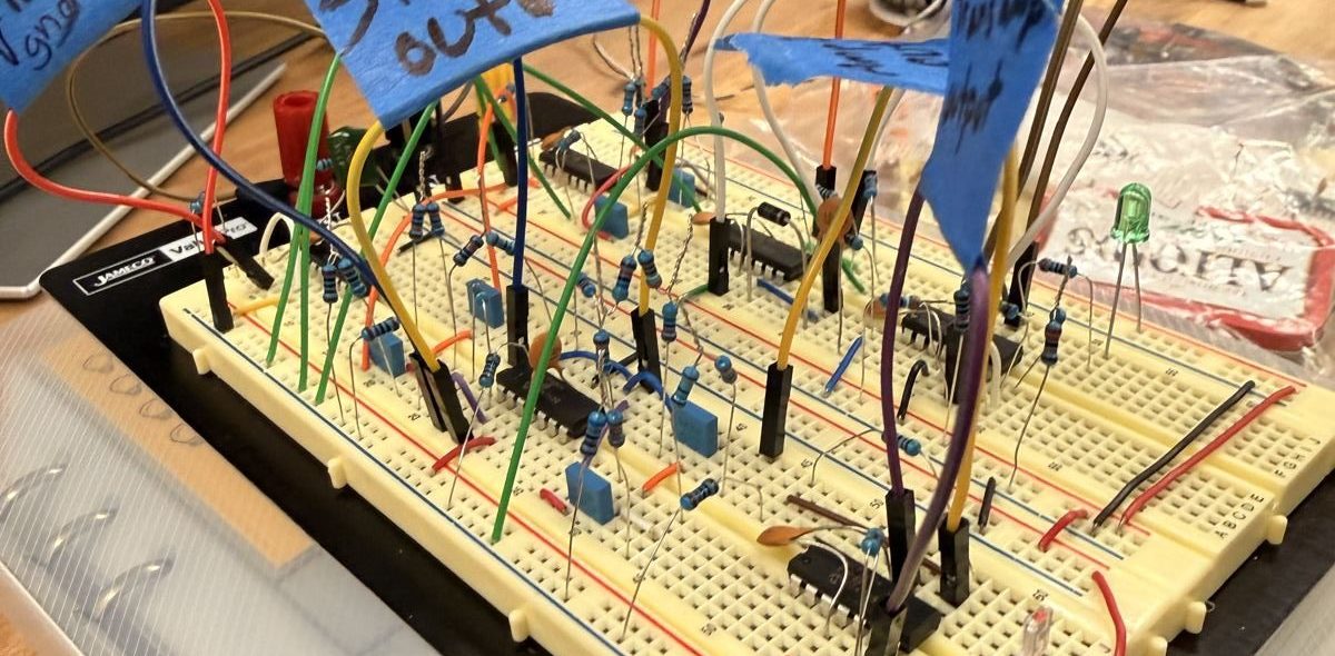 Close-up of the multi stage active filter circuit on breadboard